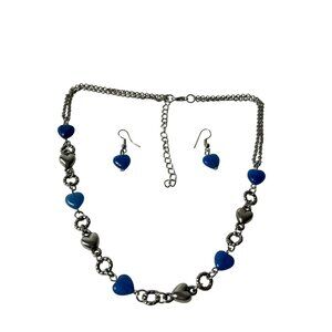 Blue Cat's Eye Heart Necklace & Earrings Set Silvertone Chain